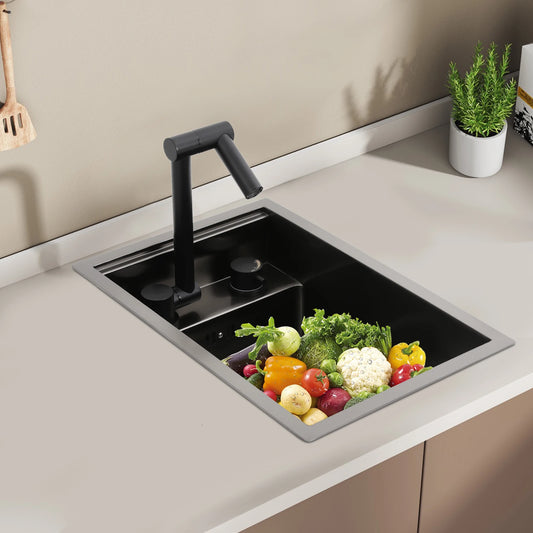 Bymaocar Edelstahlspüle 30 x 45 x 23 cm mit Wasserhahn, eingebettetes Küchenspüle, einschüssel, verdecktes Küchenspüle