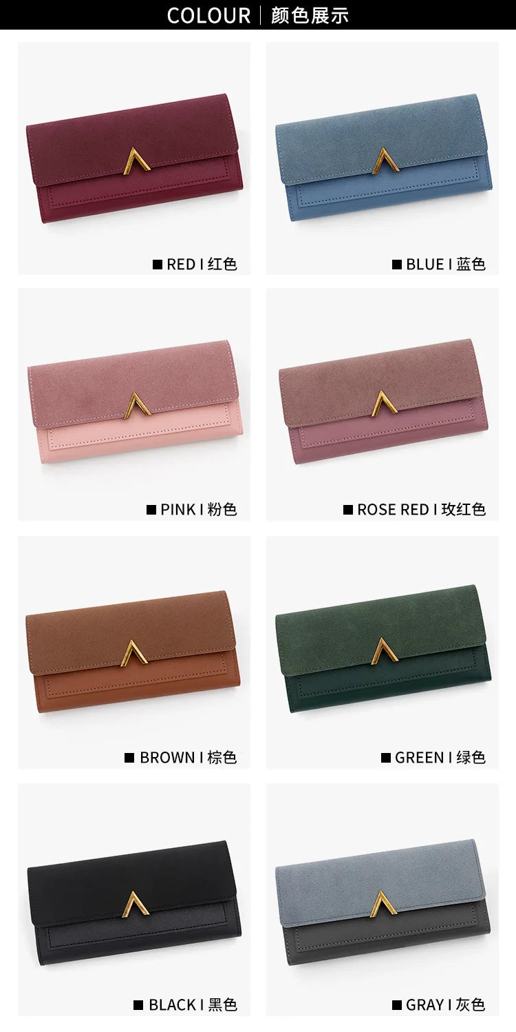 New Korean version women's wallet long V-shaped buckle three fold wallet for women, hand-held bag, change card bag.