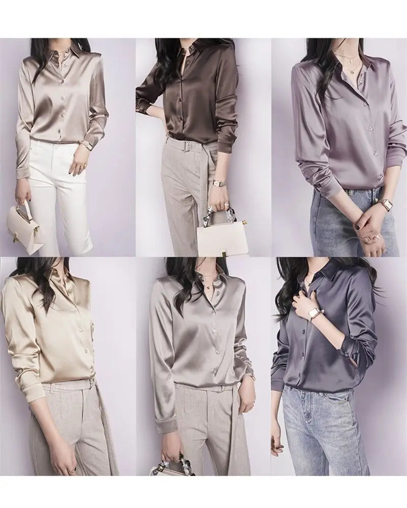 Spring Summer Casual Women's Satin Shirt Lapel Long Sleeve Blouse Loose Solid Color Office Lady Fashion Shirts Top.