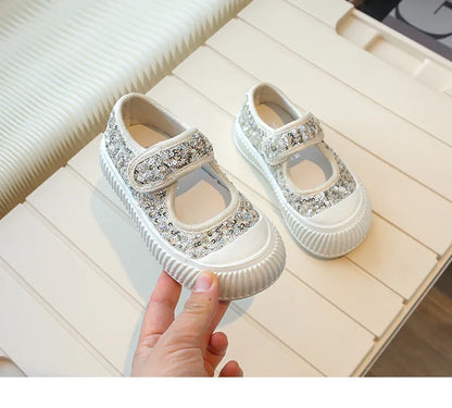 New Girl Princess Canvas Shoes Fashion Luxury Sequins Children Causal Shoes Breathable Kids Glitter Mary Jane Shoes Thick Bottom.