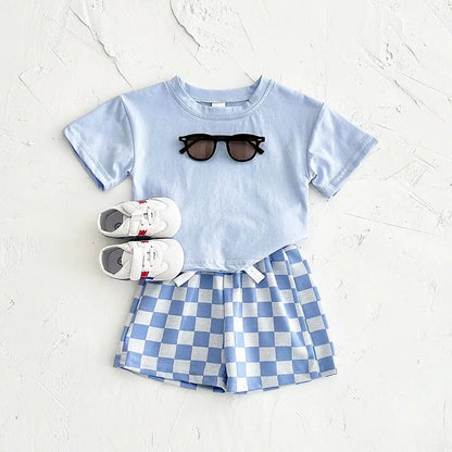 Ins Sommer Neugeborenen Jungen Mädchen Kleidung Baby Set Solide Kurzarm T-shirt + Schachbrett Shorts Baumwolle Casual 2PCS 0-3Y.