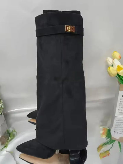 2025 Autumn And Winter Women's Pointed Toe Crude Heel Knee High Boots Female Metal Decor Pants Boots High Quality Woman Shoes.