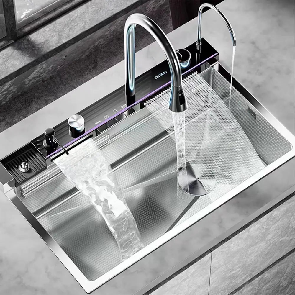 Silver Waterfalls Stainless Steel Kitchen Sink Multifunction Intelligent Digital Display Temperature Household Large Single Slot