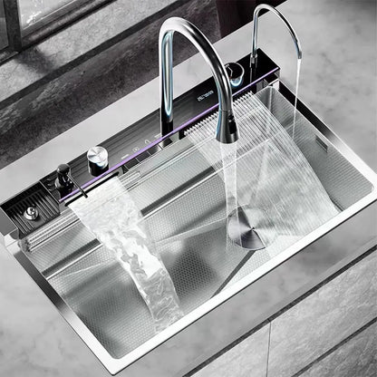 Stainless Steel Silver Kitchen Sink Multifunction Waterfalls Intelligent Digital Display Faucet Household Large Single Slot