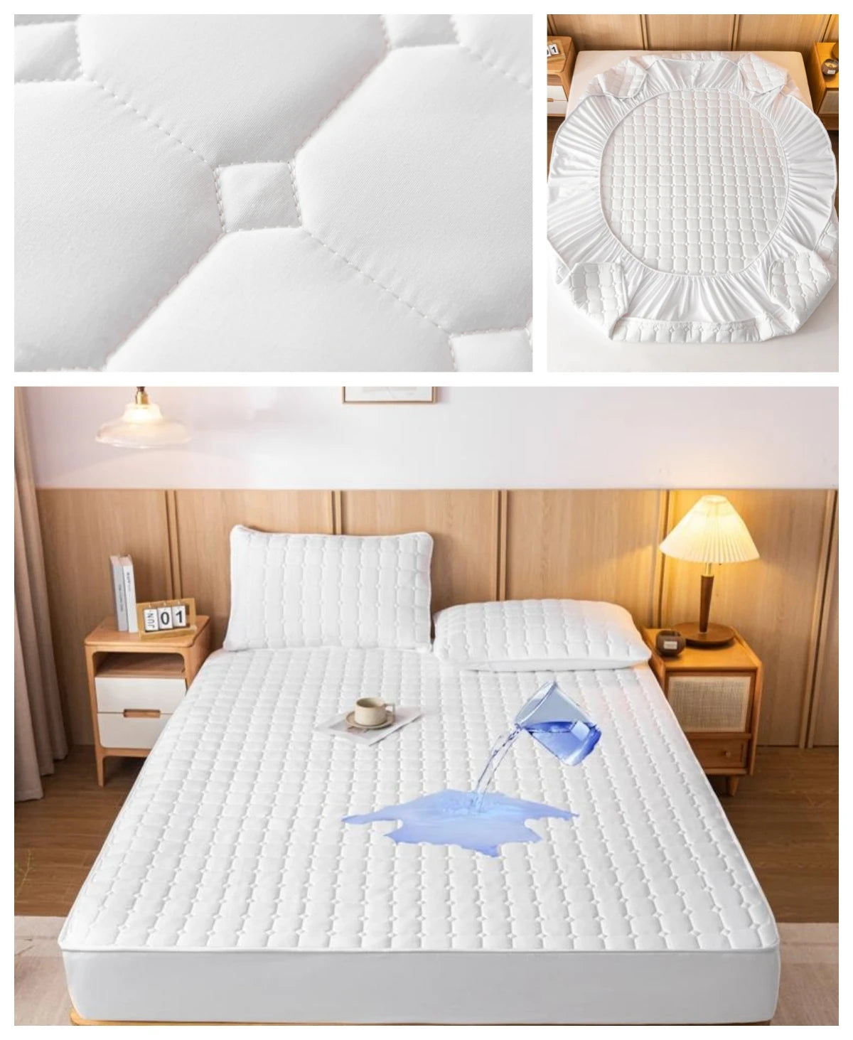 Kuup Fashion Queen Size Mattress Protector Waterproof Quilted Fitted Sheet Solid Color Bed Cover - No Pillowcase Included.