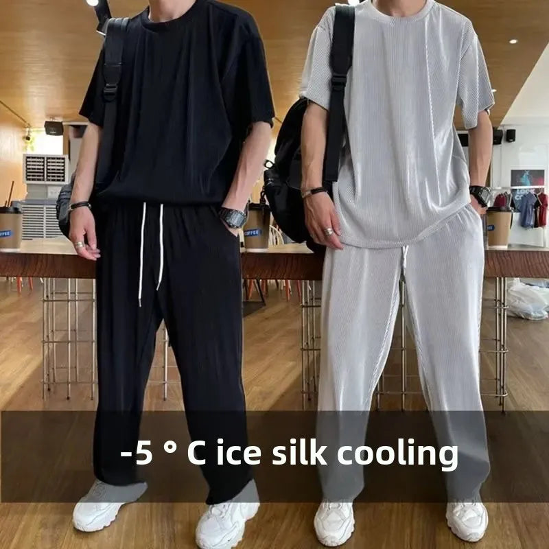 High-End Ice Silk Men's Sports Suit Casual Home Use Long Pants Short Sleeves Quick Drying Top Set Summer Collection.