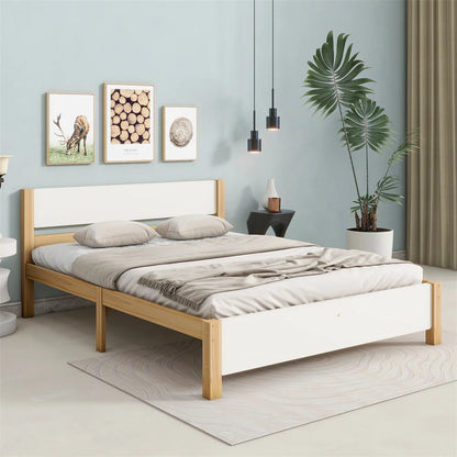 Holzbett Doppelbett 140x200cm, Kiefernholzrahmen mit Mittelfuß, Jugendbett mit Kopf und Fußteil aus MDF,Weiß+Natur,ohne Matratze