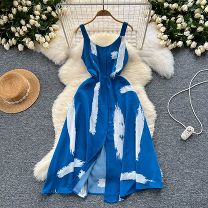 Neue Sommer Druck Süße Kleid Träger O Neck Backless Split Elegante Damen Urlaub Strand Party Midi Sommerkleid