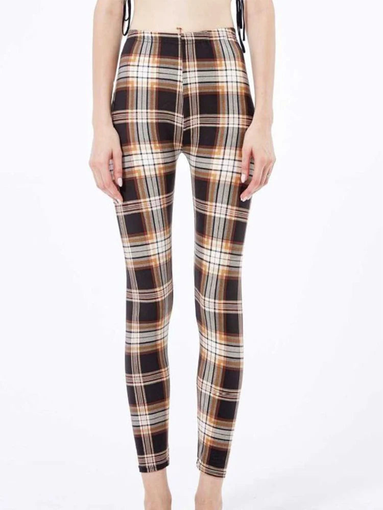 CUHAKCI Mode Plaid Druck Leggings Frauen Sexy Fitness Leggins Grid Floral Streifen Hosen Hohe Taille Bleistift Hosen