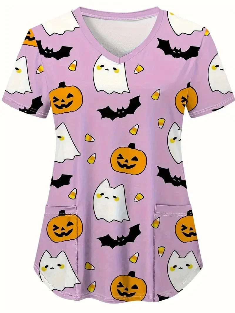 Halloween Surgical Uniforms Woman Cartoon Print Fashions Nurse Casual V-Neck Short Sleeve Patch Contest Clinical Uniform Woman.