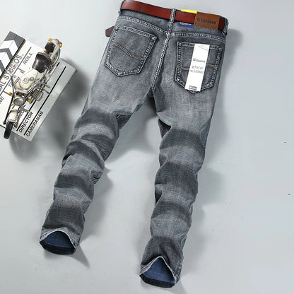 New Business Men's Jeans Casual Straight Stretch Fashion Classic Smoke Gray Blue Black Work Denim Trousers Male Brand Clothing.