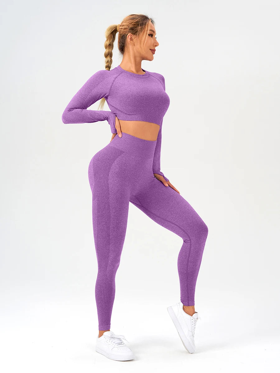 2 pcs/set Long Sleeve Yoga Leggings Set Sportswear Woman Gym Seamless Workout Outfit Yoga Clothes Womens Tracksuit Activewear.