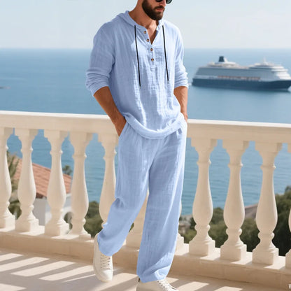 Cross-border Autumn Linen Men's Casual Suit Loose Hooded Henley Shirt Long Sleeve Pants Suit