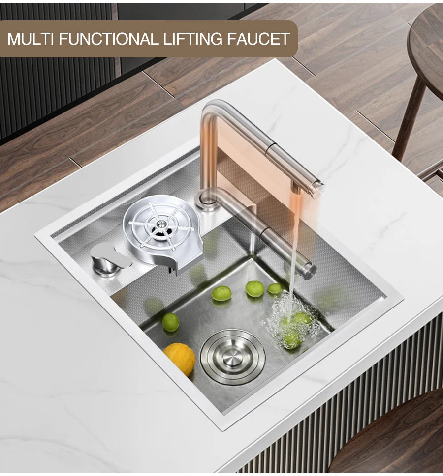 SUS 304 Island Hidden Kitchen Sink Rice Grain Embossing Prevent Scratches Handmade Bar Counter kitchen Sink With Cup Rinser