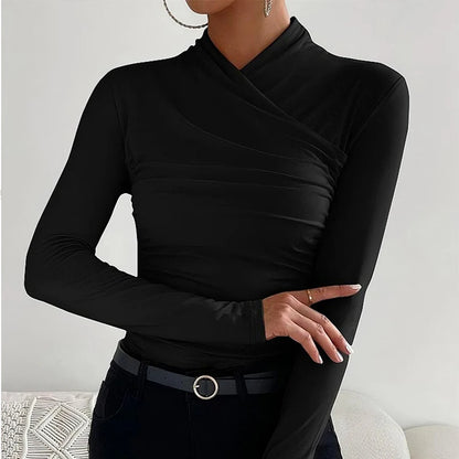 Sexy Elegant Fall Winter Long Sleeve Cross Pleated Pullover Women's Modal Solid Color Irregular Tops Street Daily Versatile Tees