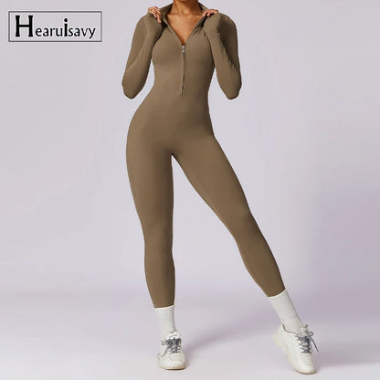 Zipper Long Sleeve Jumpsuit Gym Sportswear Women Yoga Boilersuit Women Sports Jumpsuit Fitness Rompers Stretch Workout Bodysuits.