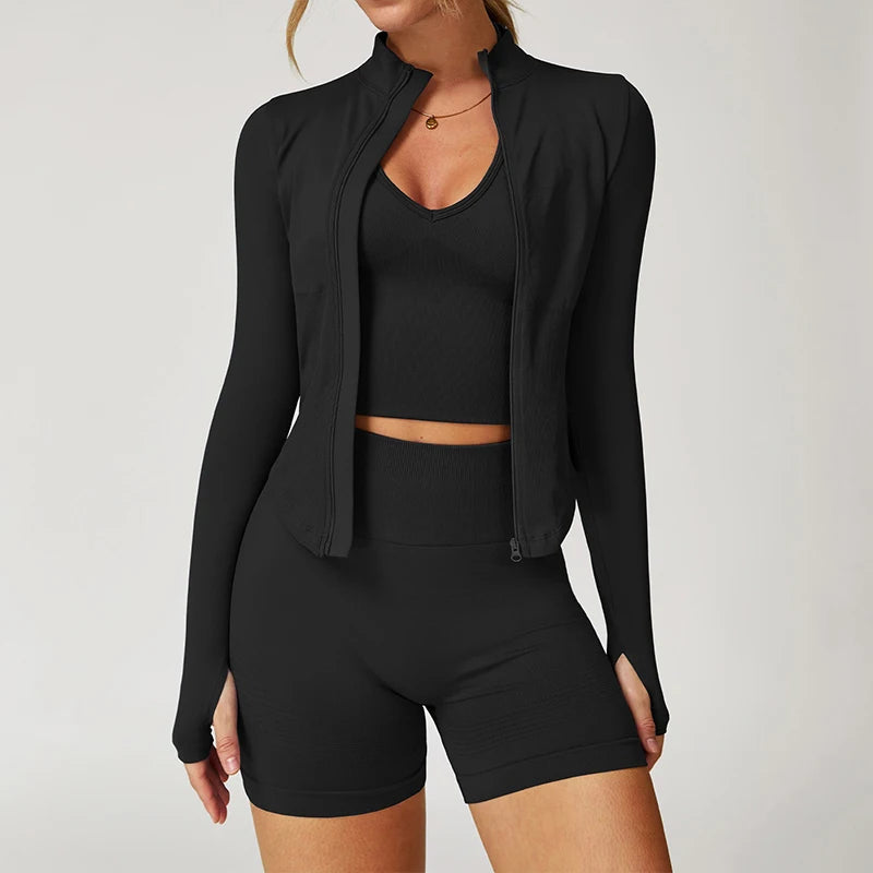 Ctenkevet Women Slim High Neck Jacket Sports Suit Female Two Piece Yoga Clothes Sport Outfit For Woman Buttock Lift Sports Suit.