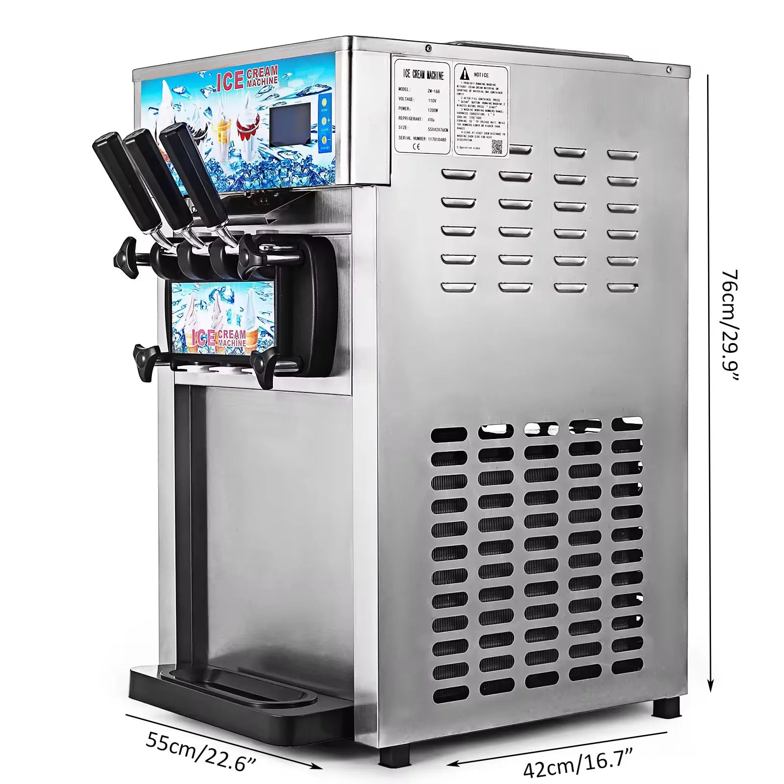 SIHAO Commercial Soft Serve Ice Cream Machine - Tri-Flavor 18L/H with LCD Display & One-Touch Cleaning for Dessert Shops, Cafes.