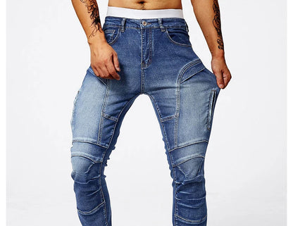 Two tone distressed patchwork jeans for men trendy jeans for summer thin straight leg pants slim fit small leg distressed jeans.
