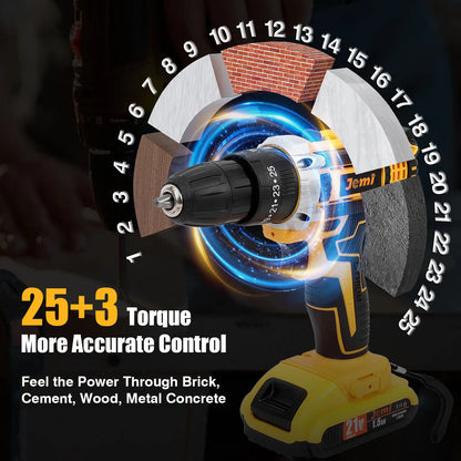 Jemi Tool 12 V/21 V Akku-Bohrschrauber, 45 Nm Schlagbohrmaschine, 25+3 Drehmomenteinstellung, mit 45 optionalen Zubehörteilen