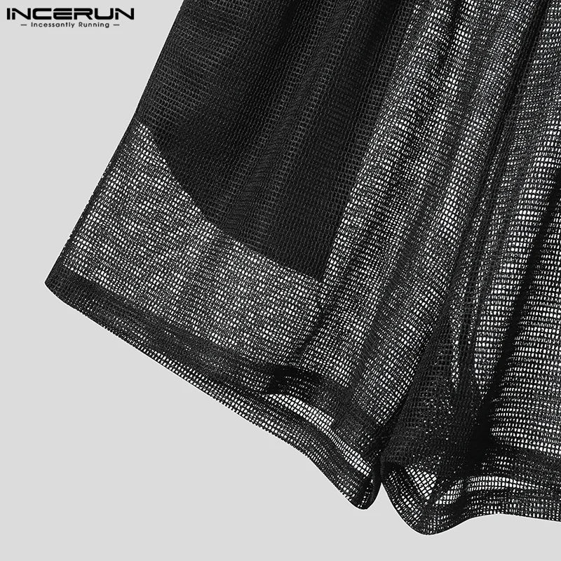 Men Short Sets Fashion Hollow Out INCERUN Two-piece Suits  Men's Sets Streetwear Short Sleeve Tops Shorts Men's Clothing Summer.