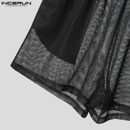 Men Short Sets Fashion Hollow Out INCERUN Two-piece Suits  Men's Sets Streetwear Short Sleeve Tops Shorts Men's Clothing Summer.