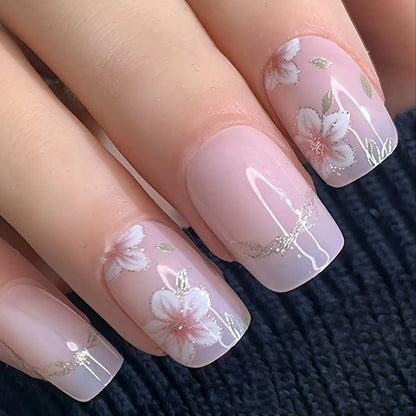 Mid-length Coffin Fake Nails 24Pcs White French Tip Ballerina Press On Nail Pink/White Flower Printed Spring/Summer DIY Manicure