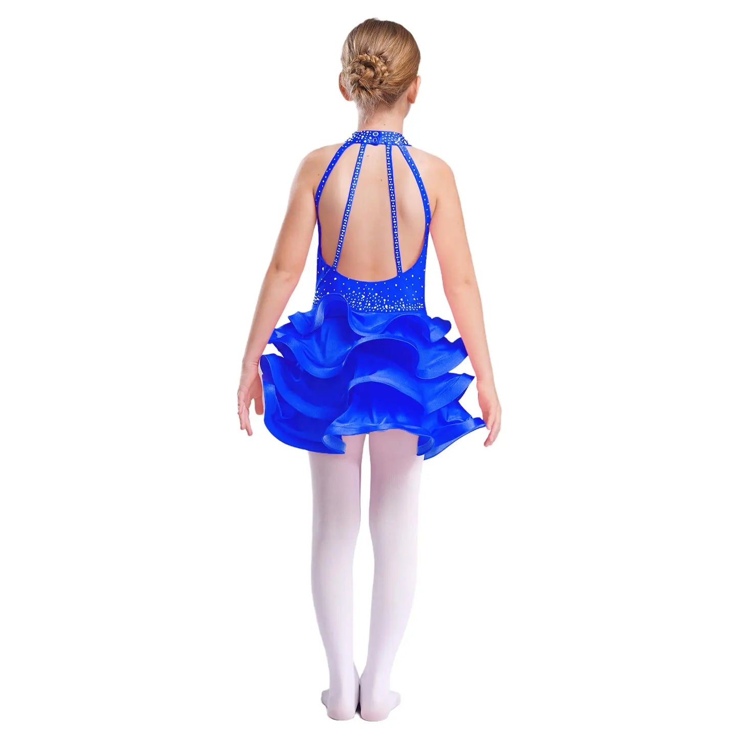 Eiskunstlauf-Kostüm für Teenager-Mädchen, lateinamerikanischer Tanz, Cha-Cha, Tango, Performance-Tanzbekleidung, ärmelloses, gestuftes Kleid mit Strasssteinen