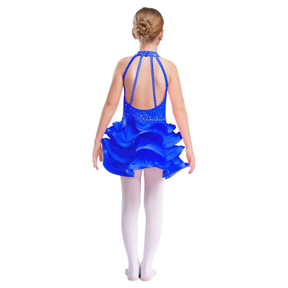Eiskunstlauf-Kostüm für Teenager-Mädchen, lateinamerikanischer Tanz, Cha-Cha, Tango, Performance-Tanzbekleidung, ärmelloses, gestuftes Kleid mit Strasssteinen