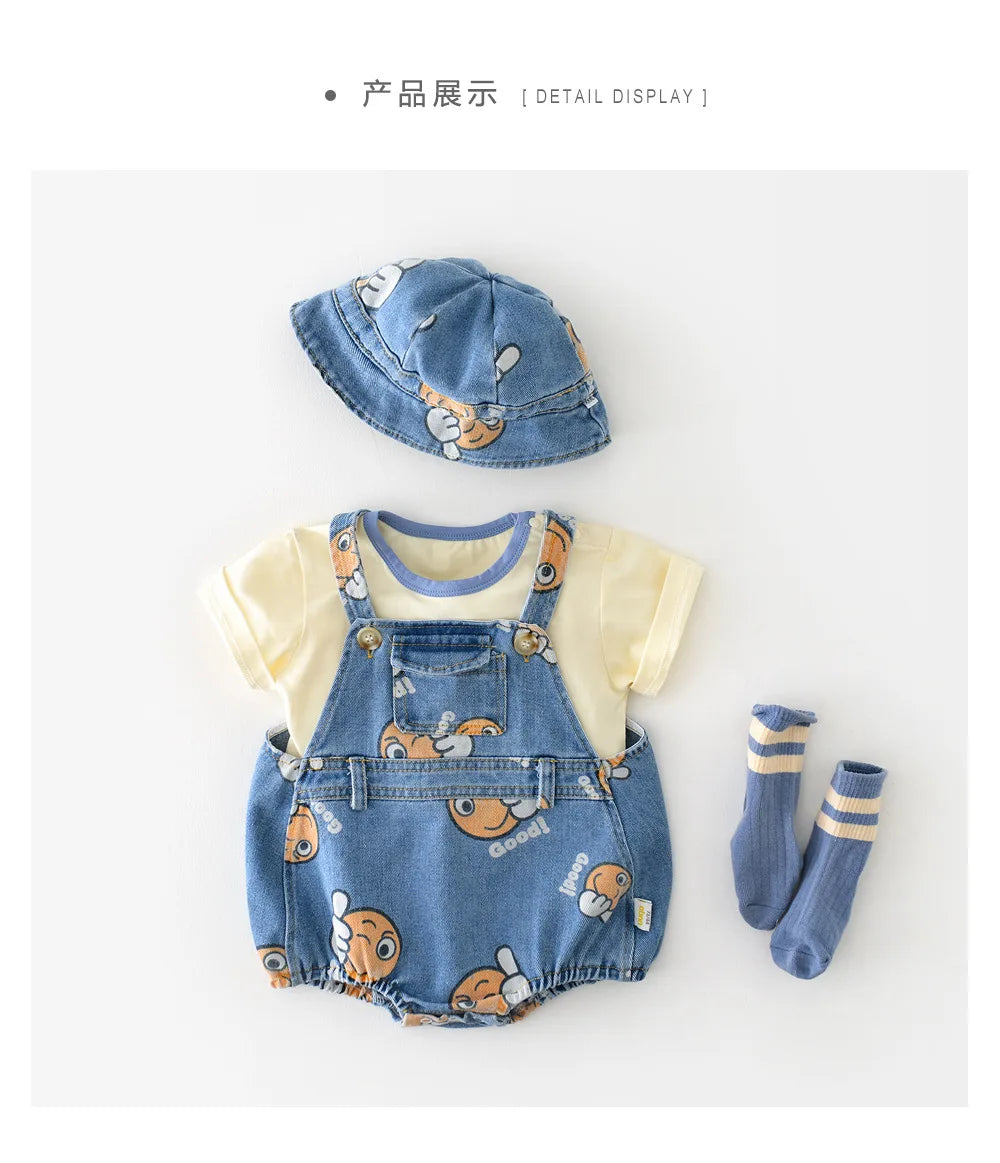 2 Stück Sommer Kinder Baby Denim Bodysuit und Mützen Anzüge einteilige Unisex Kleinkind Jungen Mädchen weiche Jeans Kleidung Jeans Sprung anzüge.