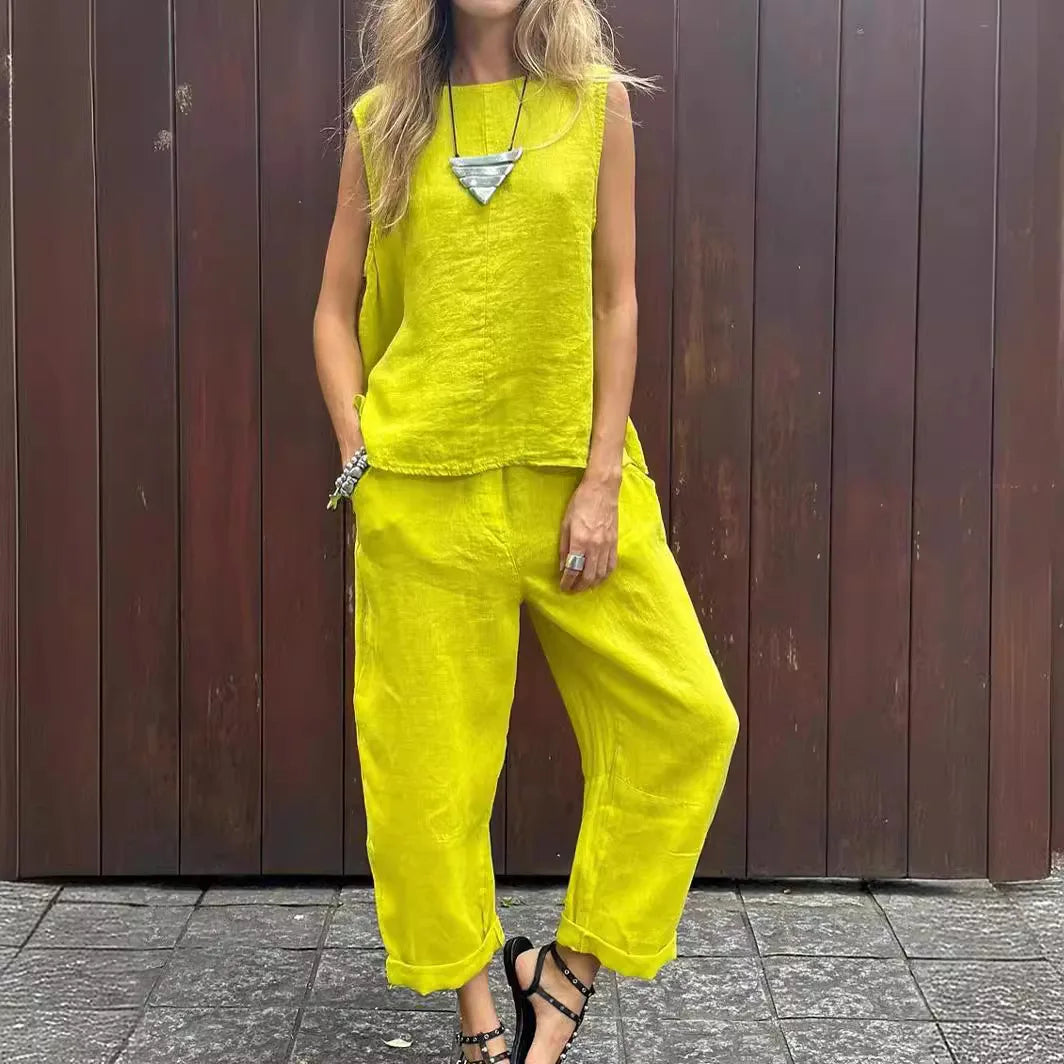 Cotton Linen 2 Pieces Sets For Women Summer O-Neck Sleeveless Tops Pockets Wide Leg Long Pants Two 2 Pieces Casual Lady Outfit.