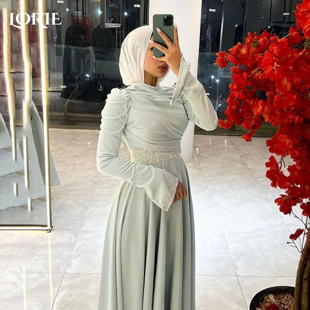 LORIE Modest Crepe Saudi Abendkleider Elegant Ausgestellte Lange Ärmel A-Linie Falten Arabia Abendkleid Partykleider Maßgeschneidert.