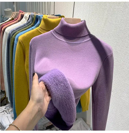 2025 neue Verdicken Hohe Kragen Pullover frauen Pullover Top Winter Warme und Weiche Einfarbig Inneren Tragen Bodenbildung Shirt