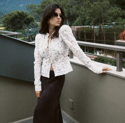 Tuularose Luxury Lace Blouse Fashion Lace Print Single Breasted Slim Shirt Vintage Elegant Party Looks Summer Women Blouse Tops