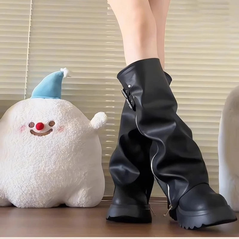 Punk Style Splicing Thick Bottom Women Knee-High Boots Fashion Zipper Female Pleated Knight Long Booties Shoes.