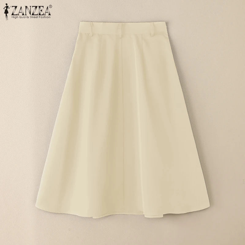 ZANZEA Summer Solid Midi Skirt Elegant Women High Waist Work OL Skirts Fashion A-line Jupes Stylish Party Faldas Saia  Plus Size.