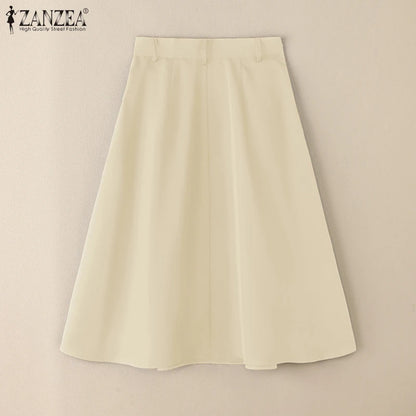 ZANZEA Summer Solid Midi Skirt Elegant Women High Waist Work OL Skirts Fashion A-line Jupes Stylish Party Faldas Saia  Plus Size.