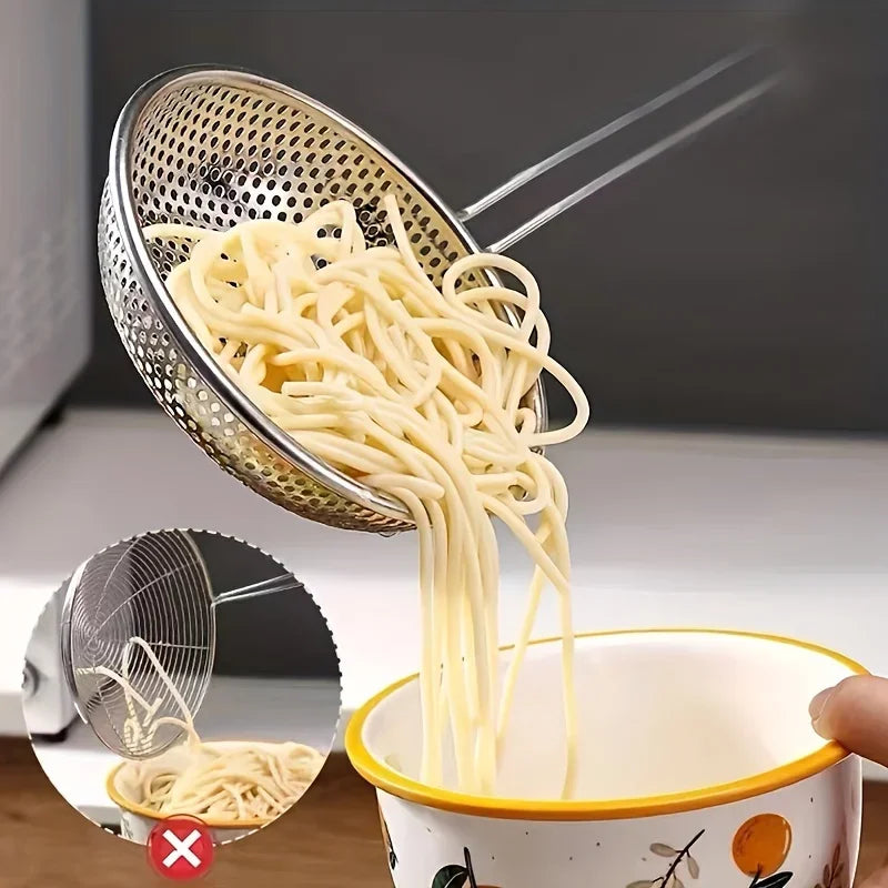Stainless Steel Colander with Wooden Handle - Fine Mesh Skimmer Spoon for Cooking, Food Prep  Grease Filtering for Pasta Noodles.