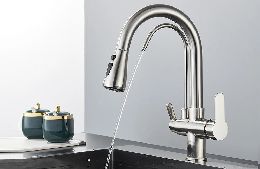 Quyanre Matte Black Filtered Crane For Kitchen Pull Out Spray 360 Rotation Water Filter Tap Three Ways Sink Mixer Kitchen Faucet