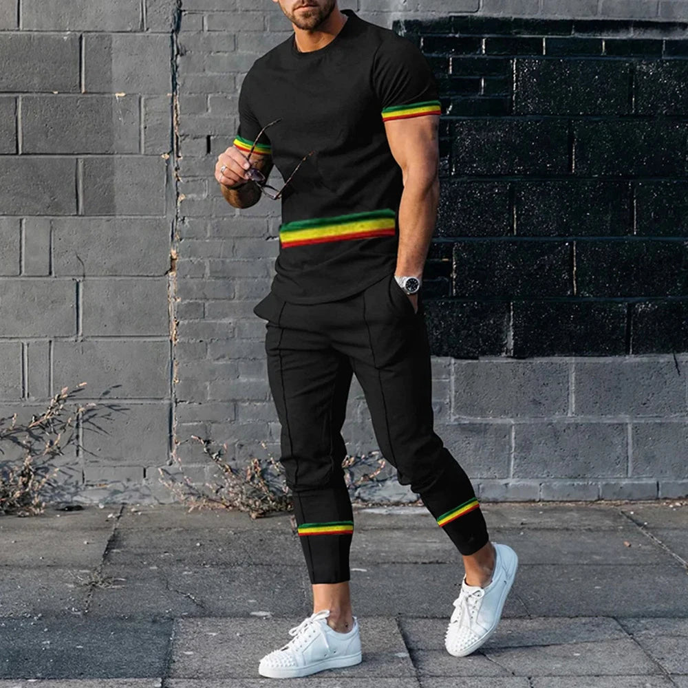 Men's T-Shirt Tracksuit 2 Piece Set Short Sleeve Sportswear Suits Fashion Men's Clothing Trousers Casual O-Neck Tops Pants Suits.