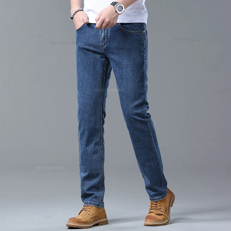 Spring Men's Light Blue Slim Jeans Stylish Casual Stretch Fabric Denim Pants Classic Trousers Smoke Gray.