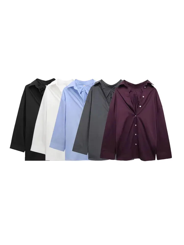 Oversized Pleated Back Shirts for Women, Long Sleeve, Button-up, Female Blouses, Chic Tops, Fashion.