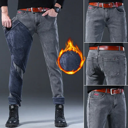 Winter Hot Sale Of The Season Trendy Stretchy Fleece Lined Thick Denim Mid Waist Fashionable Casual Warm Long Pants Men's Jeans.