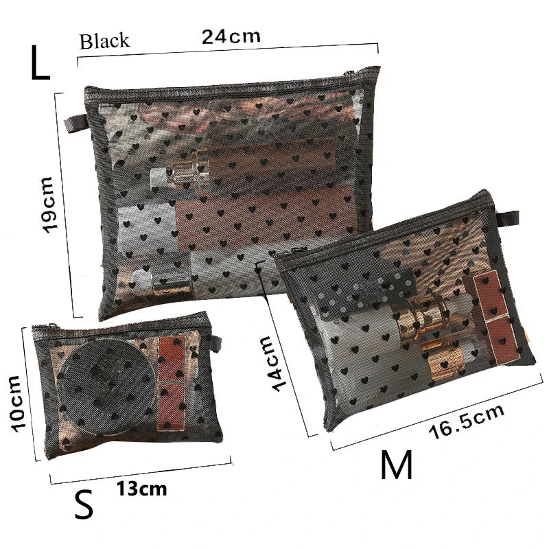 1pcs Transparent Mesh Zipper Cosmetic Bag Women Necessary Organizer Fashion Small Large Black Toiletry Bags Makeup Pouch Case