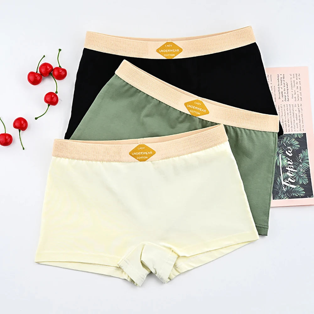 3PCS/Pack 100% Cotton Multicolor Solid Women's Boxer Knit Breathable Panties Underwear Soft High Elastic Mid-rise Thin Boyshorts