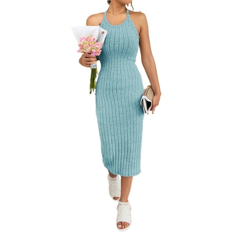Solide Neckholder Bodycon Midi Kleid High-end-temperament weste neckholder kleid frauen sommer neue high-taille schlank temperament schlank.