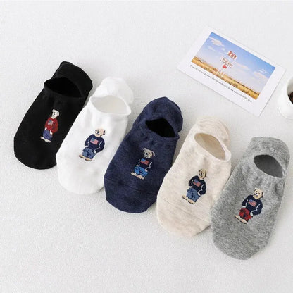 5 Pairs of Super Cute Bear Embroidered Cartoon Bear Boat Socks, Soft and Comfortable, Sweat Wicking and Versatile Short Socks.