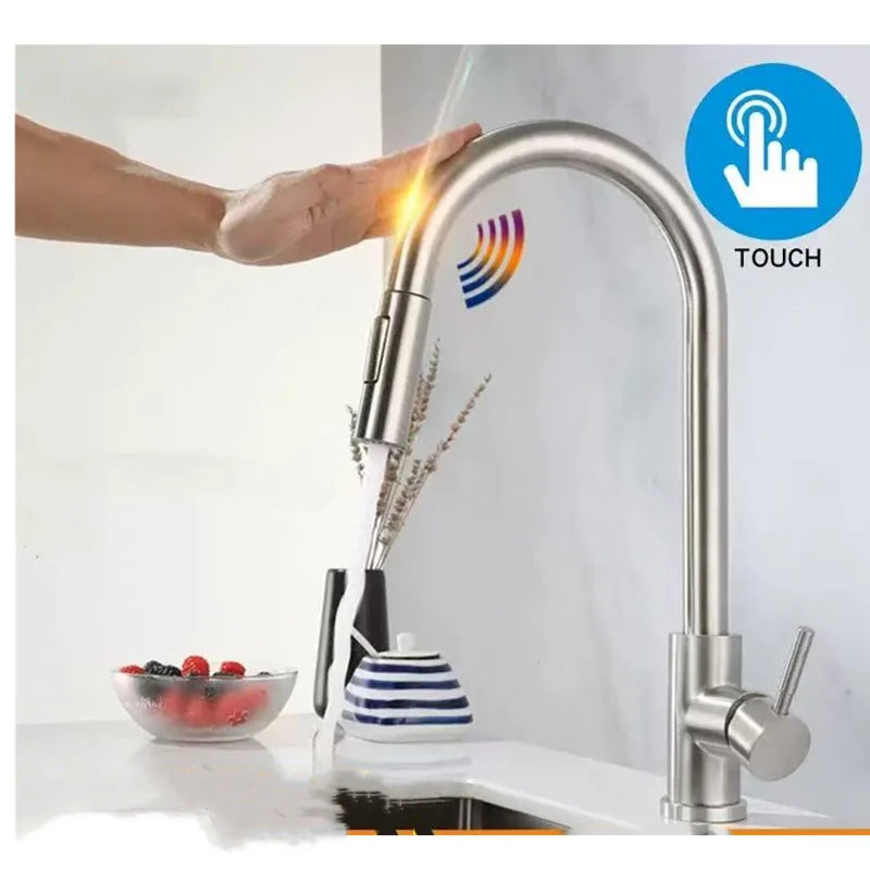 DQOK Kitchen Faucet Pull Out  Brushed Nickle Sensor Stainless Steel Black Smart Induction Mixed Tap Touch Control Sink Tap