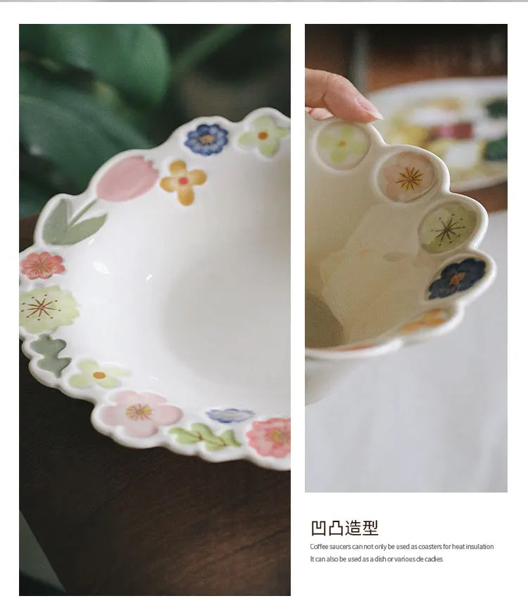Floral Embossed Rim Soup Dessert Plate - Elegant Ceramic Appetizer Dish for Breakfast, Cafe Dining, Home Kitchen Tableware Set.