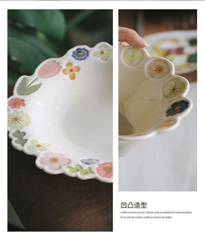 Floral Embossed Rim Soup Dessert Plate - Elegant Ceramic Appetizer Dish for Breakfast, Cafe Dining, Home Kitchen Tableware Set.